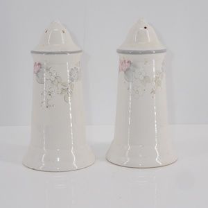 Vintage Pfaltzgraff Salt and Pepper Set "Wyndham" Pattern White with pink & blue